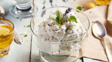 Mint, lavender and coconut ice cream in a bowl